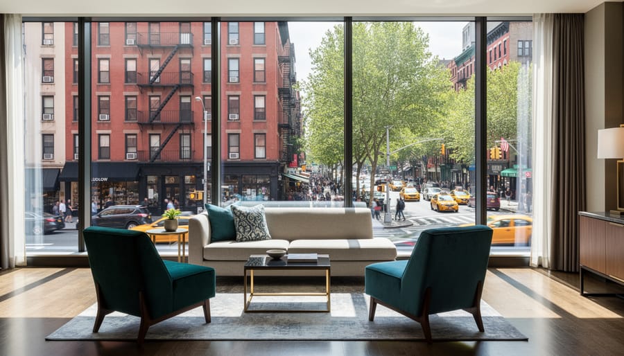 Hotel room with floor-to-ceiling windows showing an out-of-focus downtown street scene