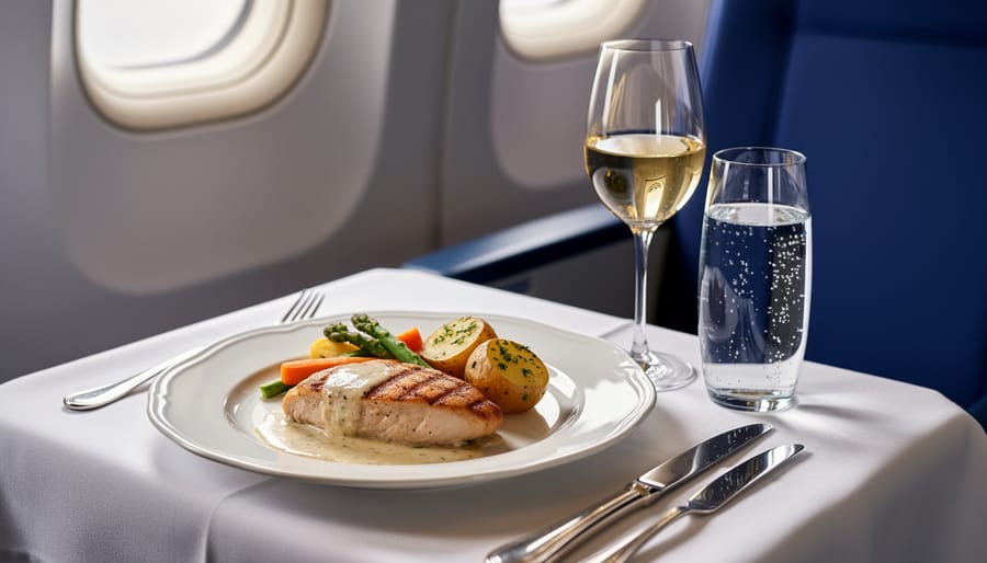 European-style airline meal with wine glass and continental plating in soft cabin lighting.