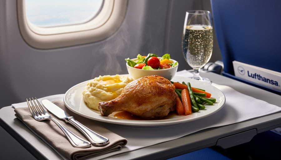 European-style plated meal with roasted potatoes and garnish on an airplane tray table
