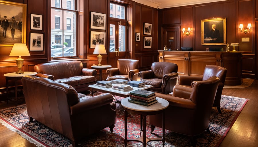Cozy, warmly lit hotel lobby reading nook with leather seating and softly glowing chandelier