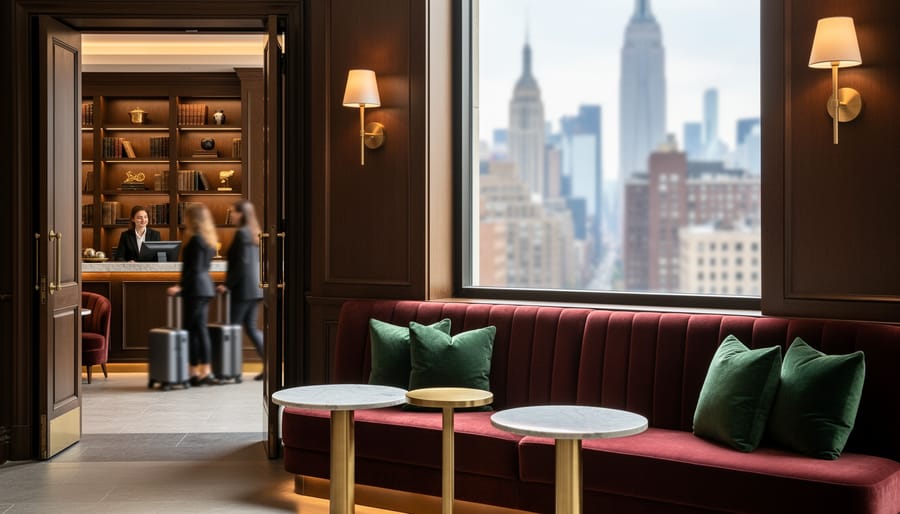 Warmly lit boutique hotel lobby lounge with velvet banquette seating, brass accents, and a blurred view toward the city through a window.