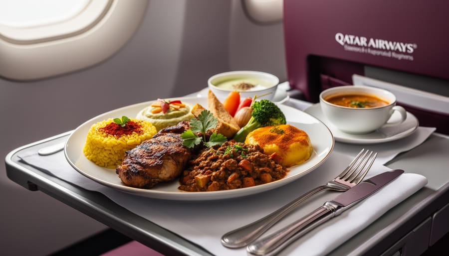 Close-up of a richly plated in-flight meal with herbs and colorful sides.