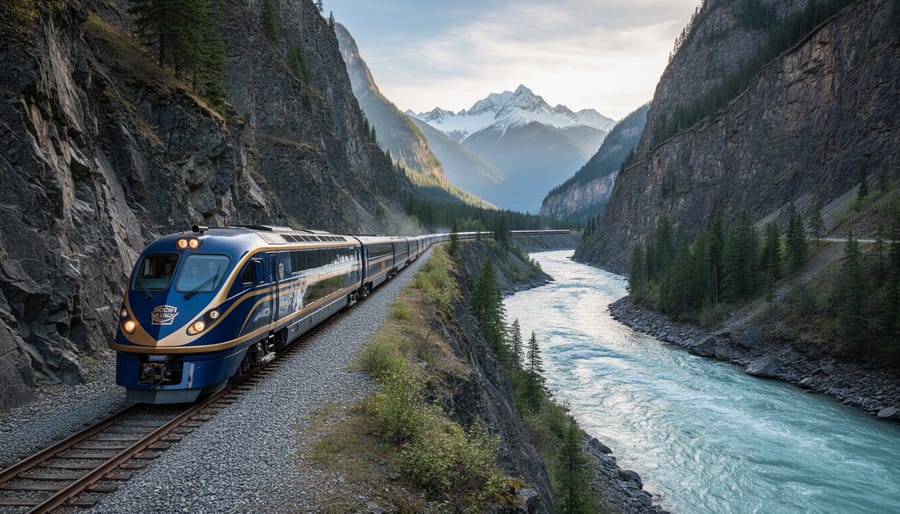 Rocky Mountaineer train with glass dome cars traveling through a scenic mountain canyon with snow-capped peaks