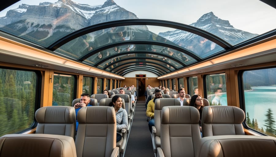 Travelers inside a glass-domed Rocky Mountaineer train looking out at the Canadian Rockies
