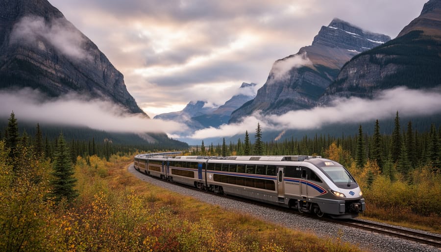 Rocky Mountaineer train moving through misty mountains with clouds in the background