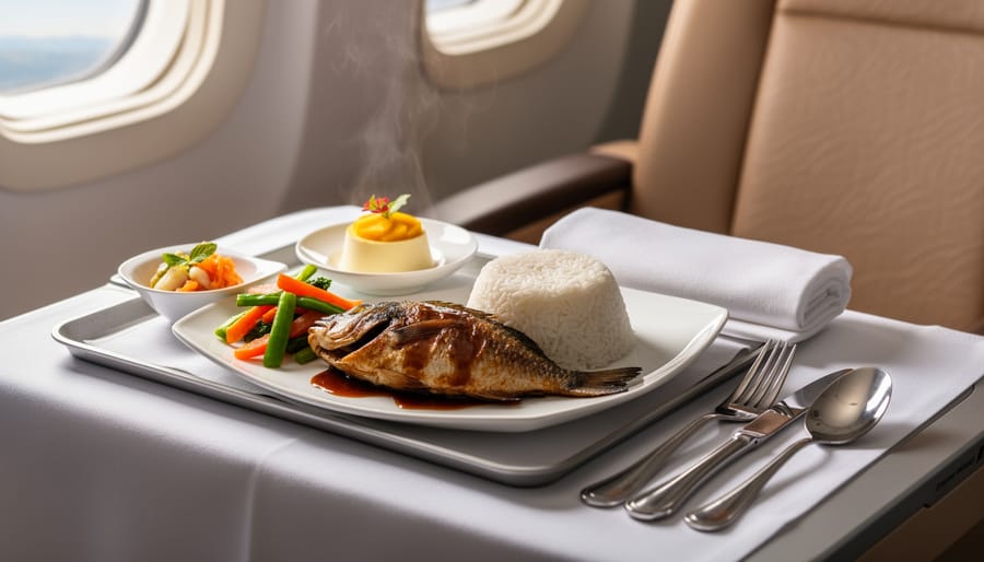 Close-up of a finely plated regional-style meal on an airplane tray table