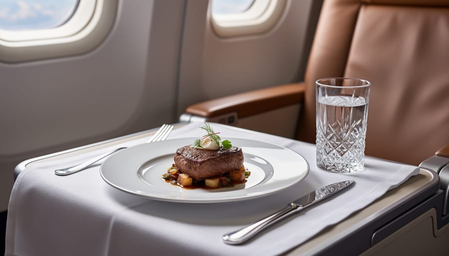 Close-up of an elegant airline meal with ceramic bowls and refined plating.