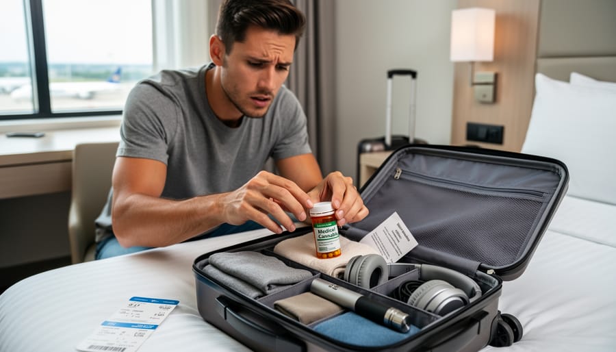 Close-up of a traveler’s hands placing a small medical cannabis container into a carry-on bag beside a prescription envelope in an airport setting