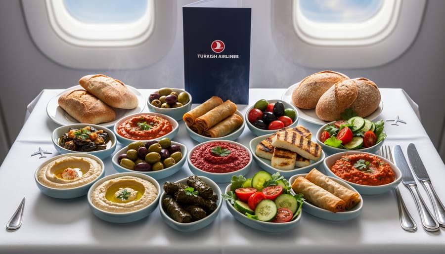 Colorful assortment of Turkish-inspired mezze and main dishes on an airplane tray