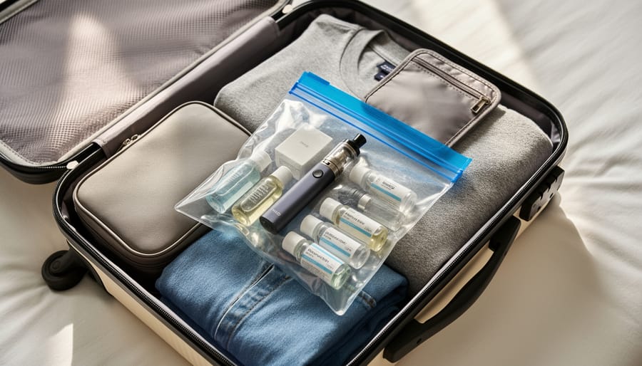 Vape device and small zip-top bag of e-liquid bottles placed inside an open carry-on suitcase.