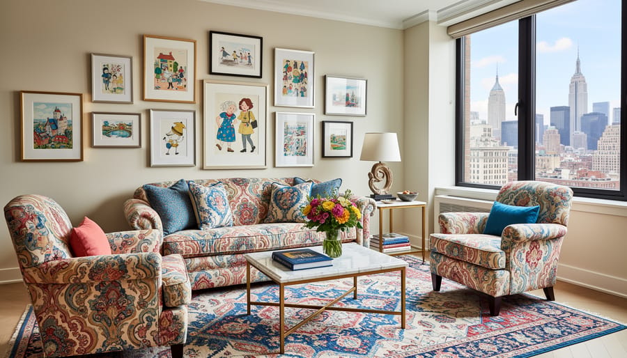 Elegant drawing room at a boutique hotel with patterned textiles and a soft city view